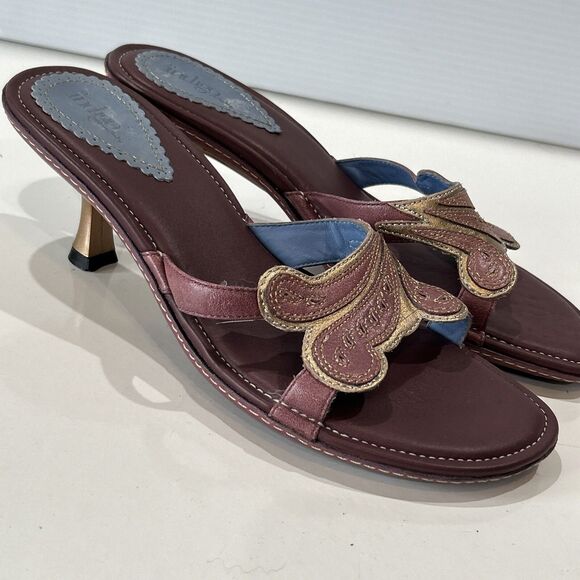 Clarks Indigo Purple Leather Open Toe Sandals Gold Kitten Heels Embroidered 9 - Picture 4 of 10